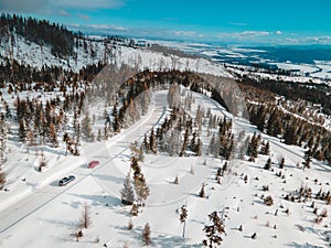 Aerial view of snowed road in tatra mountains