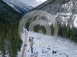 Aerial view of snowed road in tatra mountains