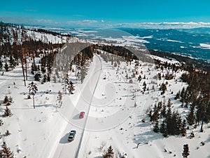 Aerial view of snowed road in tatra mountains