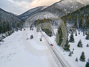 Aerial view of snowed road in tatra mountains