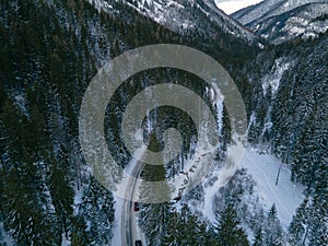 Aerial view of snowed road in tatra mountains