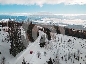 Aerial view of snowed road in tatra mountains