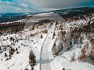 Aerial view of snowed road in tatra mountains