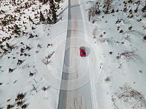 Aerial view of snowed road in tatra mountains