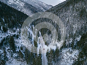 Aerial view of snowed road in tatra mountains