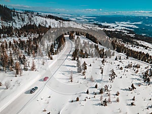 aerial view of snowed road in tatra mountains