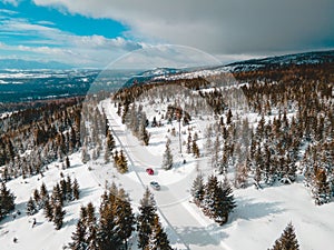 Aerial view of snowed road in tatra mountains