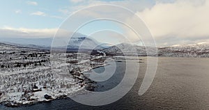 Aerial View of Snowy E10 Highway to Narvik, Norway