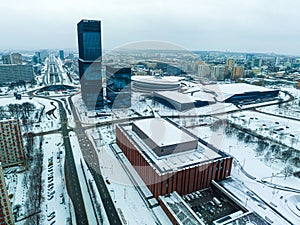 Aerial view of snowy Katowice in winter, Poland