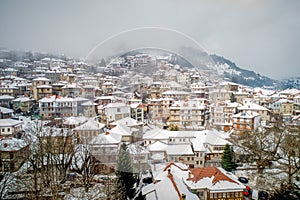 Aerial view of the snowy Metsovo is a town in Epirus, in the mountains of Pindus in northern Greece