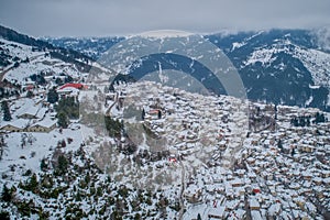 Aerial view of the snowy Metsovo is a town in Epirus, in the mountains of Pindus in northern Greece