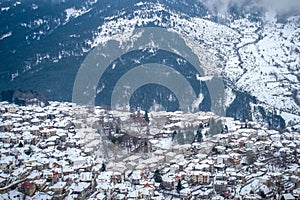 Aerial view of the snowy Metsovo is a town in Epirus, in the mountains of Pindus in northern Greece