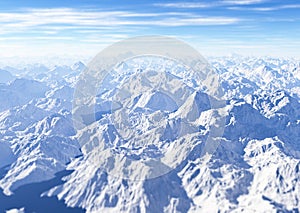 Aerial view of a snowy mountain range. Snow on the peaks. Melting of ice. Climate change. Temperature increase photo