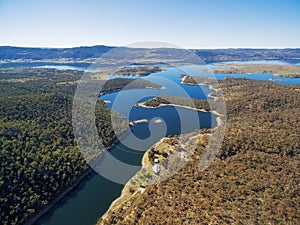 Aerial view of Snowy River flowing into Lake Jindabyne, New South Wales, Australia