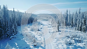 Aerial view of a snowy road in the forest in winter. View of a winter road in the countryside