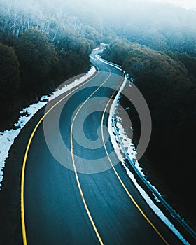 Aerial View of Snowy Road in Mountains, Australia