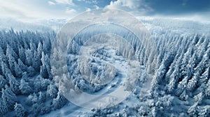Aerial view of snowy road in winter forest. Landscape of frozen woods with path, snow and trees. Concept of nature, travel,
