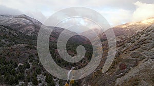 Aerial view of the snowy rural mountainous areas of Hobble Creek Canyon, Springville, Utah