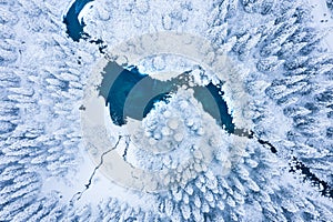 Aerial view on snowy winter forest and icy river. Winter nature landscape from above