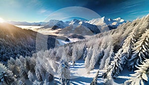 Aerial view of snowy winter forest and mountains. Natural landscape from drone