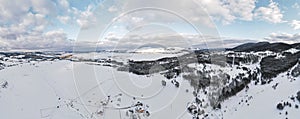 Aerial view of snowy winter landscape. Tornik ski resort, Zlatibor,  Serbia