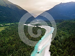 Aerial view of Soca river in Julian Alps at sunset. Slovenia, Soca Valley, Bovec district, Europe