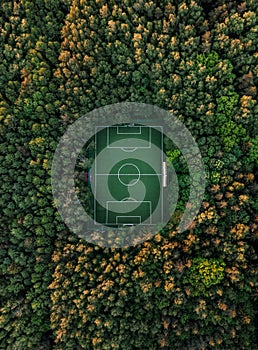 Aerial view of a soccer field in the forest