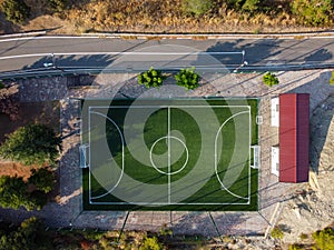 Aerial View of Soccer Field near a Cpuntryside Street at Sunrise