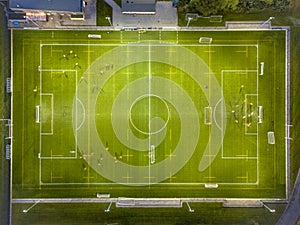 Aerial view of soccer field at night