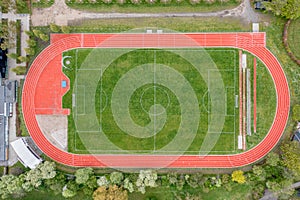 Aerial View of Soccer Field and Running Track