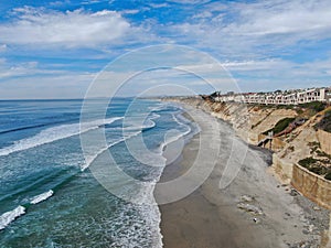 Aerial view of Solana Beach and cliff, California coastal beach with blue Pacific ocean photo