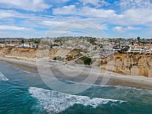Aerial view of Solana Beach and cliff, California coastal beach with blue Pacific ocean photo