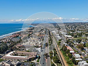 Aerial view of Solana Beach with pacific ocean, coastal city in San Diego County, California. USA