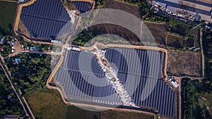 Aerial view of a solar farm producing clean energy during the evening.