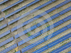 Aerial view of a solar farm producing clean renewable sun energy