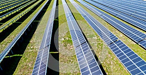 Aerial view of solar panel, photovoltaic, alternative electricity source. Banner Power farm producing clean green energy