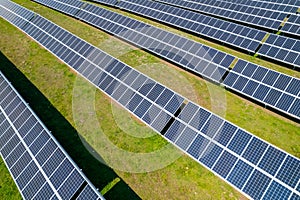 Aerial view of solar panel, photovoltaic, alternative electricity source. Power farm producing clean green energy