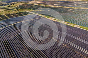 Aerial view of the solar panel in solar farm for green energy