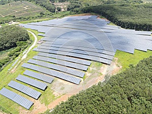 Aerial view of solar panels In the electric industry. Green energy that can be renewable for environment. Solar power alternative