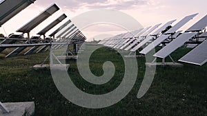 Aerial view of Solar Panels Farm solar cell with sunlight. Production of clean energy