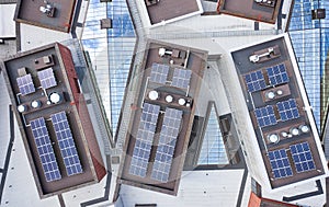 Aerial view of the solar panels on the roof of modern building