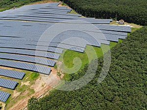 Aerial view of solar panels In solar station the electric industry. Green energy that can be renewable for environment. Solar