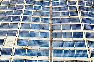 Aerial view of solar power plant with blue photovoltaic panels mounted of industrial building roof