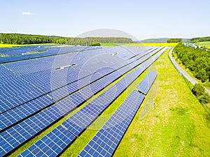 Aerial view of solar power plant in countryside