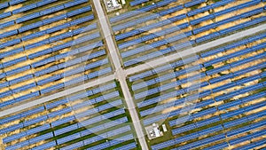 Aerial view of solar power plant on green field. Solar panels system for solar power generation. Green energy for sustainable