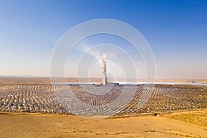 Aerial view of a Solar power tower and mirrors.