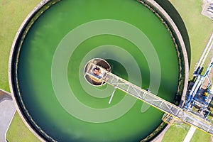 Aerial view of The Solid Contact Clarifier Tank type Sludge Recirculation in Water Treatment plant in factory. Industry and