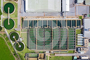 Aerial view of The Solid Contact Clarifier Tank type Sludge Recirculation in Water Treatment plant in factory. Industry and