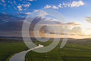 Aerial view of the Somesul river shore in summer, Dej, Romania