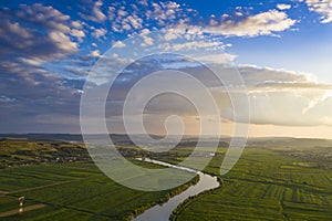 Aerial view of the Somesul river shore in summer, Dej, Romania